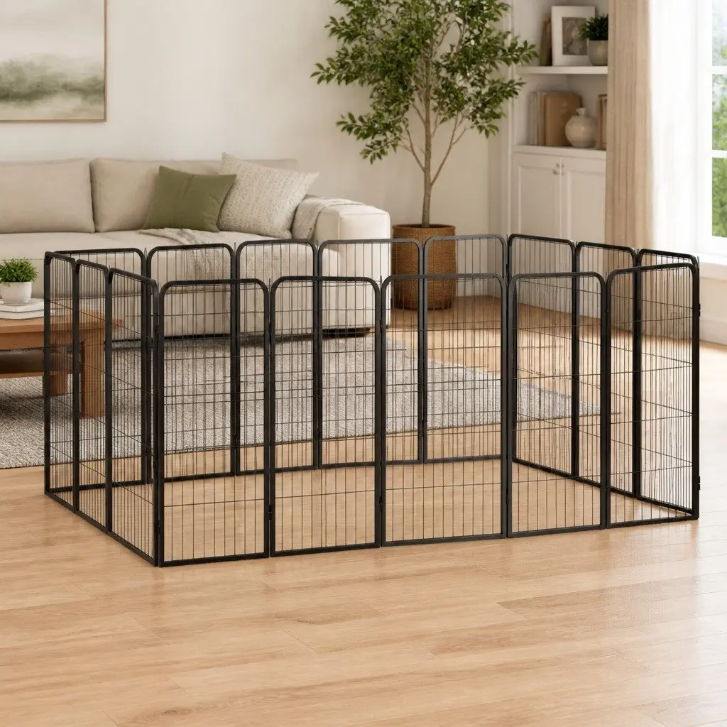 Dog Playpen Black 16-Panel Heavy-Duty Steel Exercise Pen Indoor Outdoor