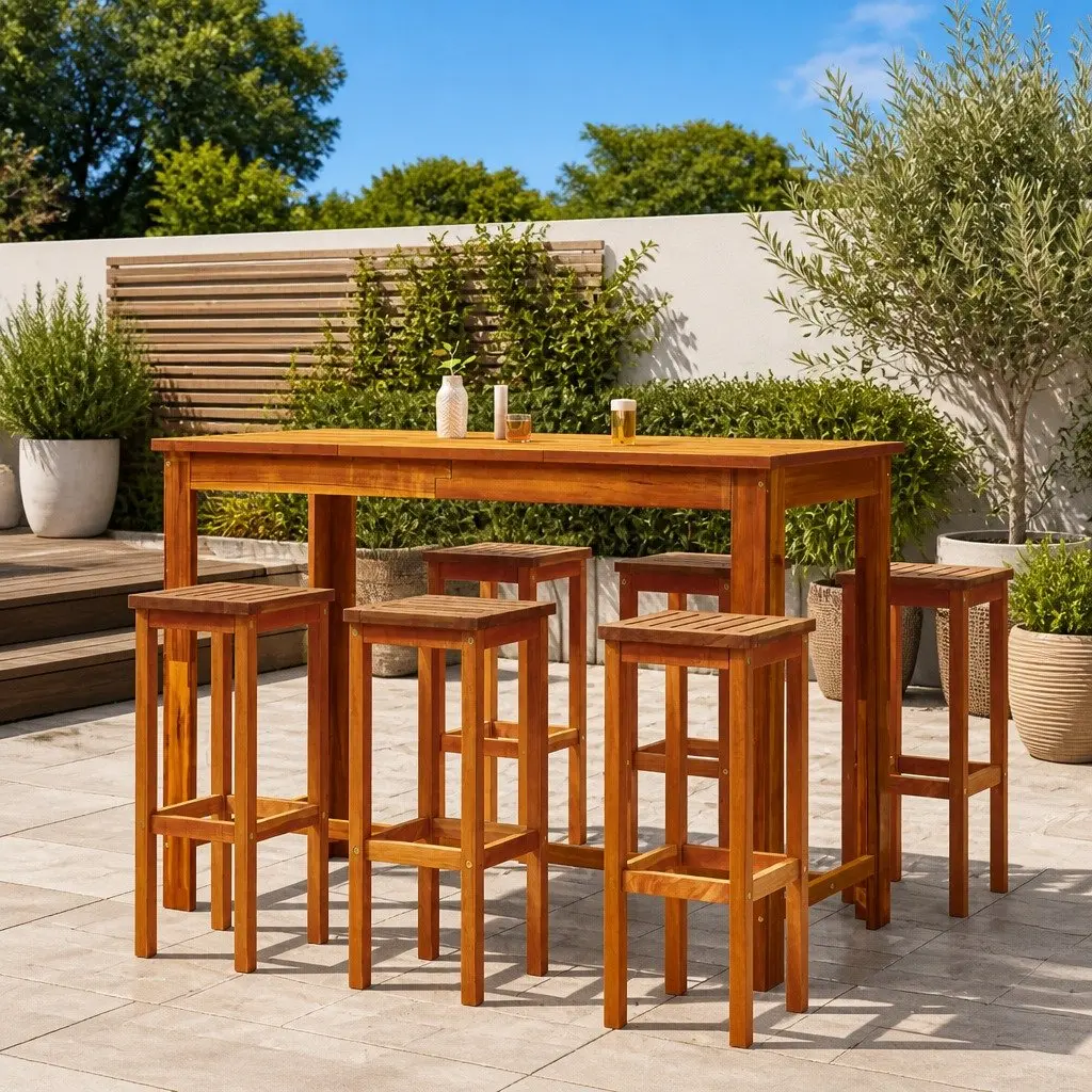 Outdoor Bar Stools Set 6 pcs Solid Wood Acacia Brown Rustic Garden Seating