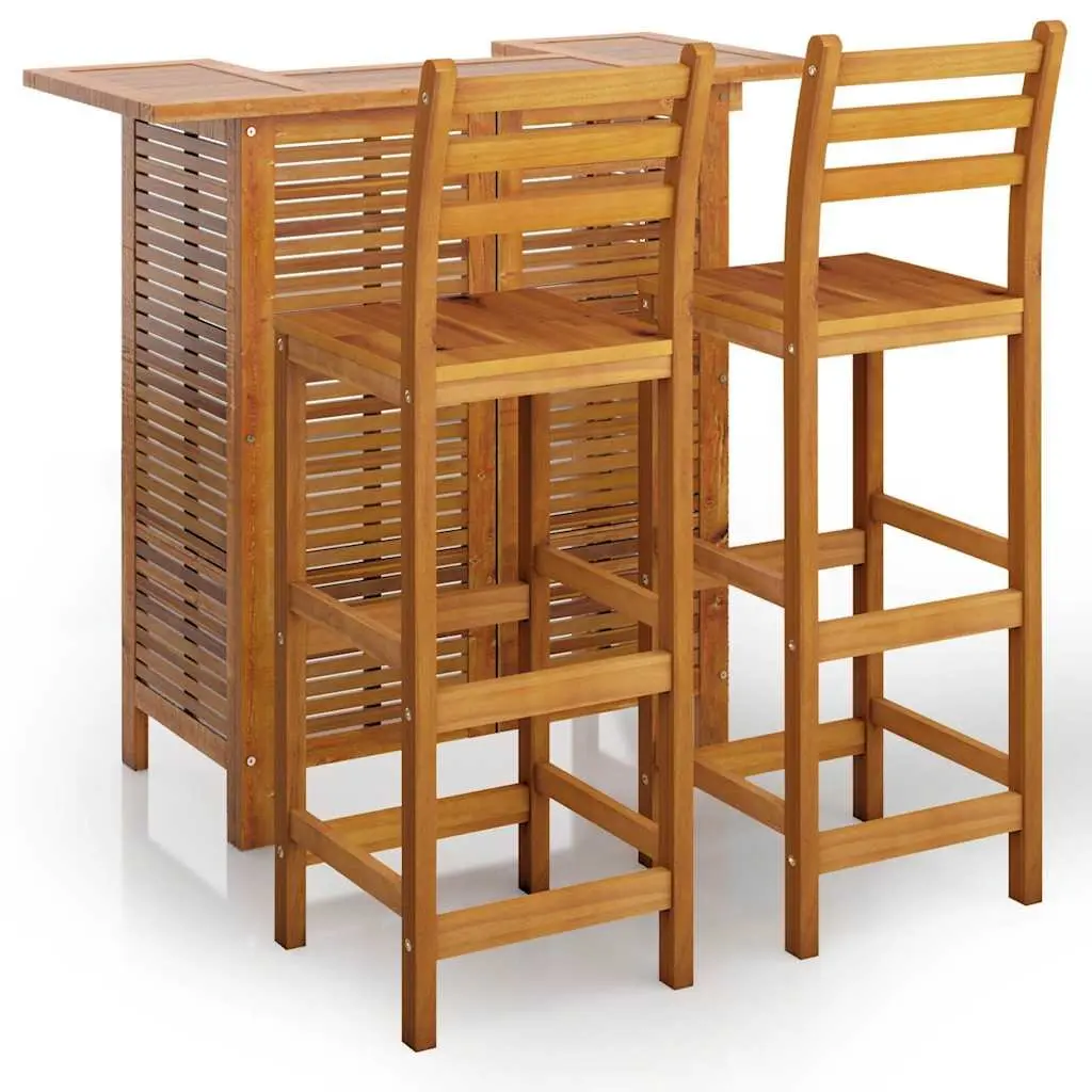 Garden Bar Set Brown 3 Piece Wooden Bistro Table with Shelves and 2 Bar Stools for Outdoor Patio Use