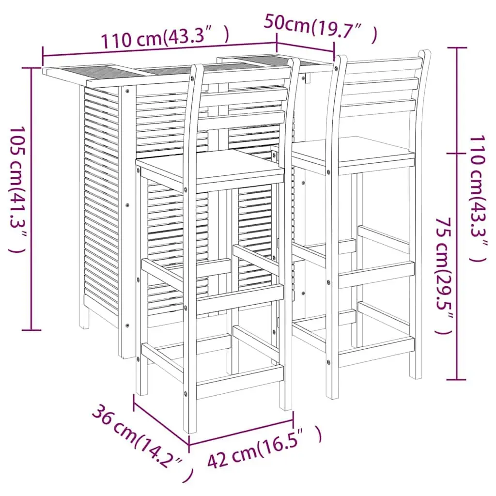 Garden Bar Set Brown 3 Piece Wooden Bistro Table with Shelves and 2 Bar Stools for Outdoor Patio Use