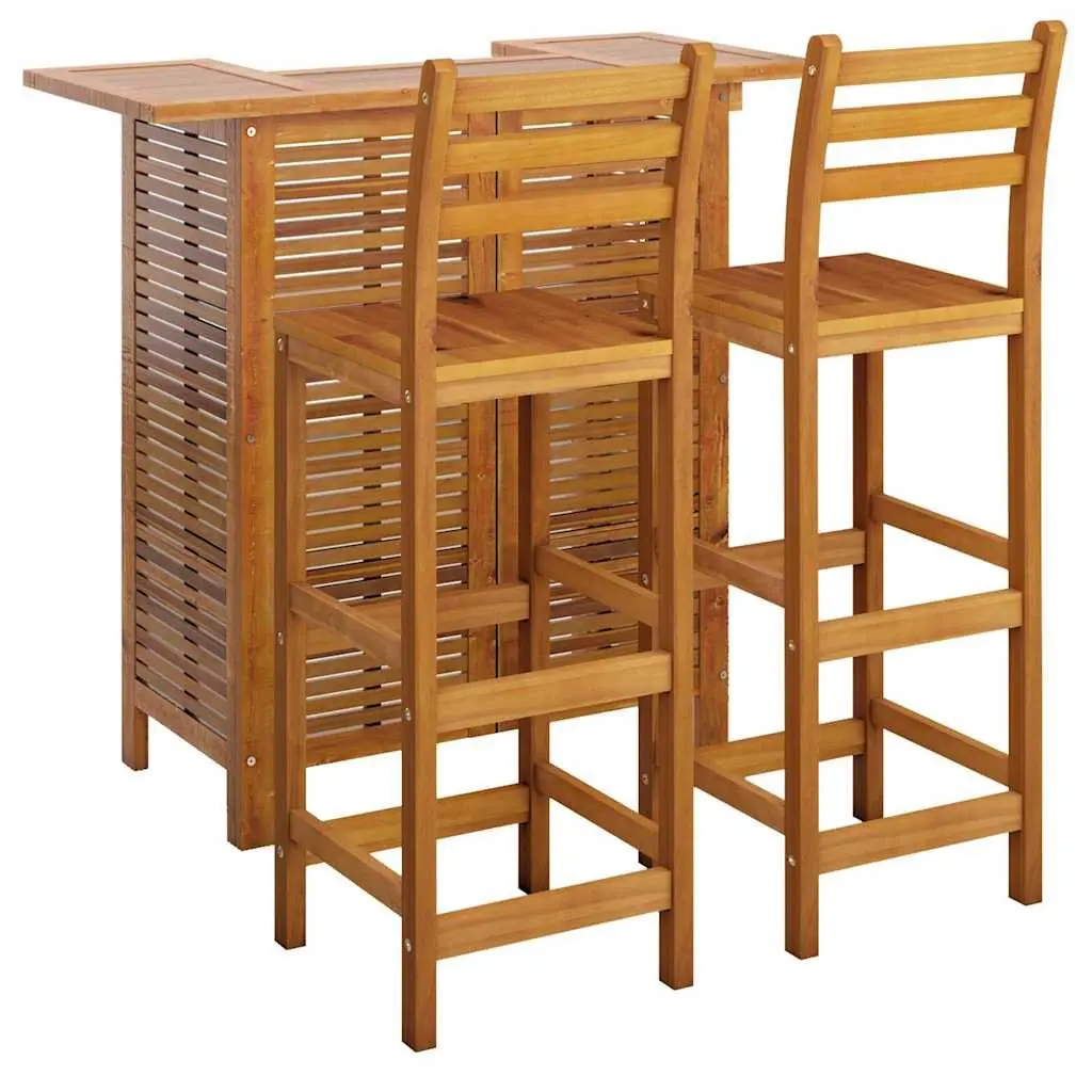 Garden Bar Set Brown 3 Piece Wooden Bistro Table with Shelves and 2 Bar Stools for Outdoor Patio Use