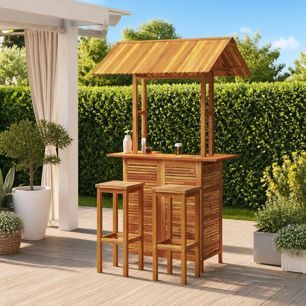Garden Bar Set Brown 3 Piece Outdoor Furniture Bistro Table with Shade Rooftop and Bar Stools