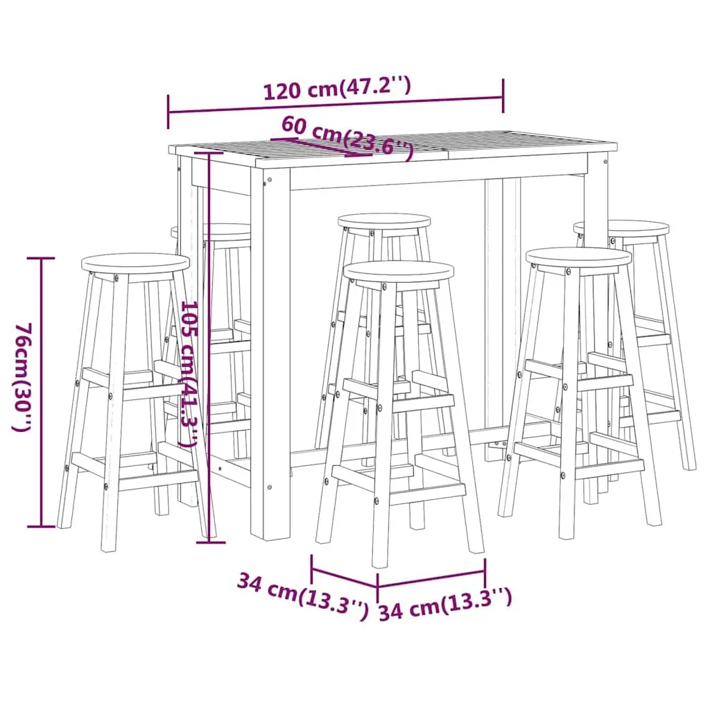 7 Piece Garden Bar Set Solid Acacia Wood Outdoor Patio Bistro Table Stools Brown