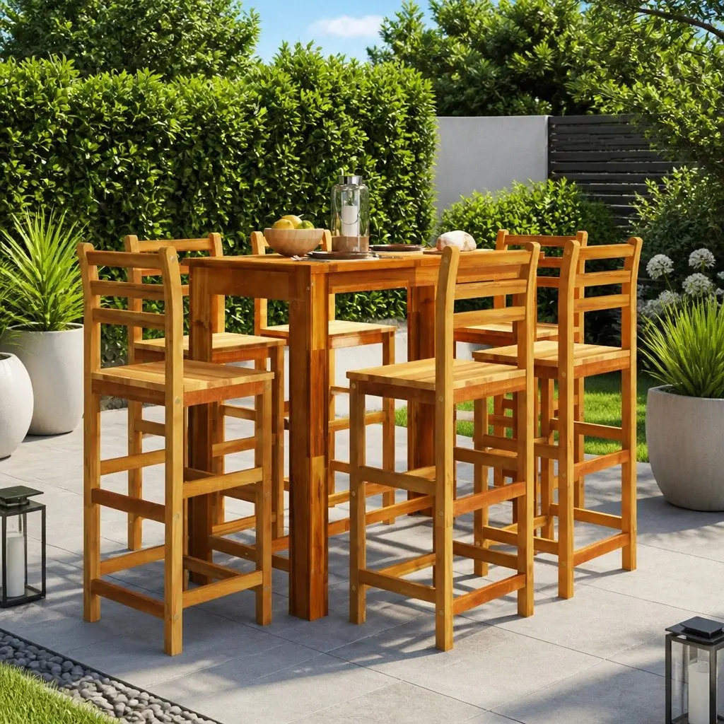 7 Piece Garden Bar Set Brown Solid Acacia Wood Outdoor Furniture Bistro Table