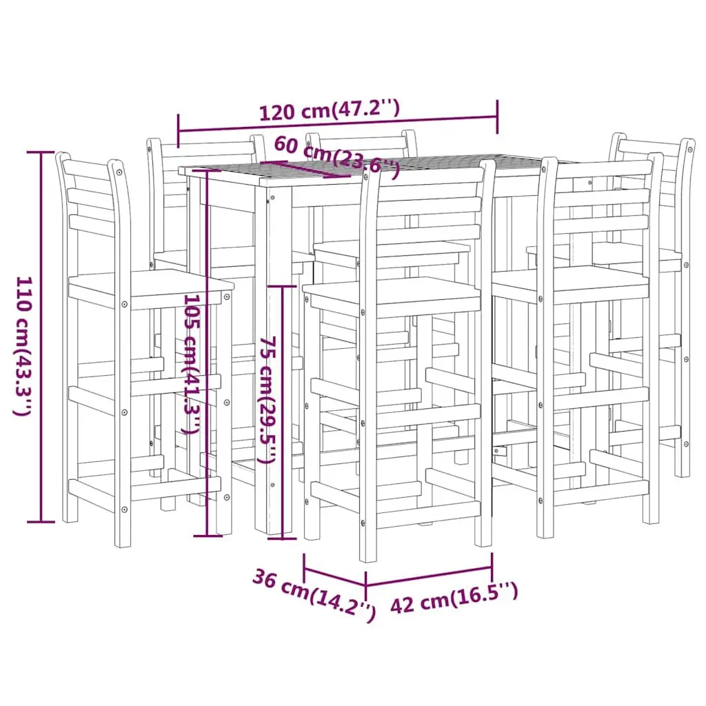 7 Piece Garden Bar Set Brown Solid Acacia Wood Outdoor Furniture Bistro Table