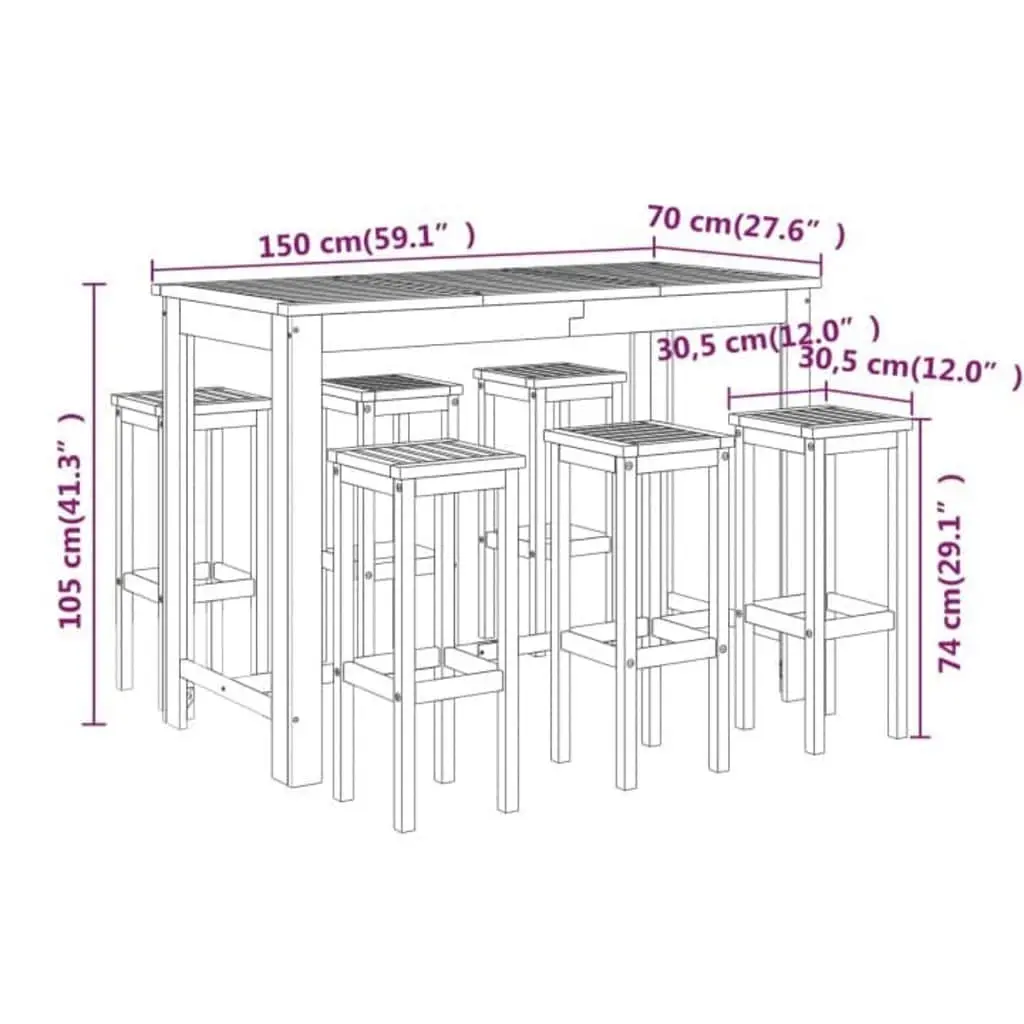 7 Piece Garden Bar Set Brown Solid Acacia Wood Outdoor Bistro Table Stools
