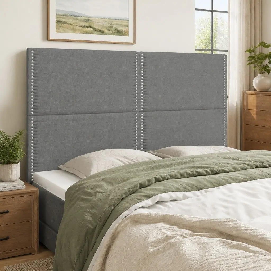 Upholstered Headboard Dark Grey Fabric Adjustable Height Wooden Legs