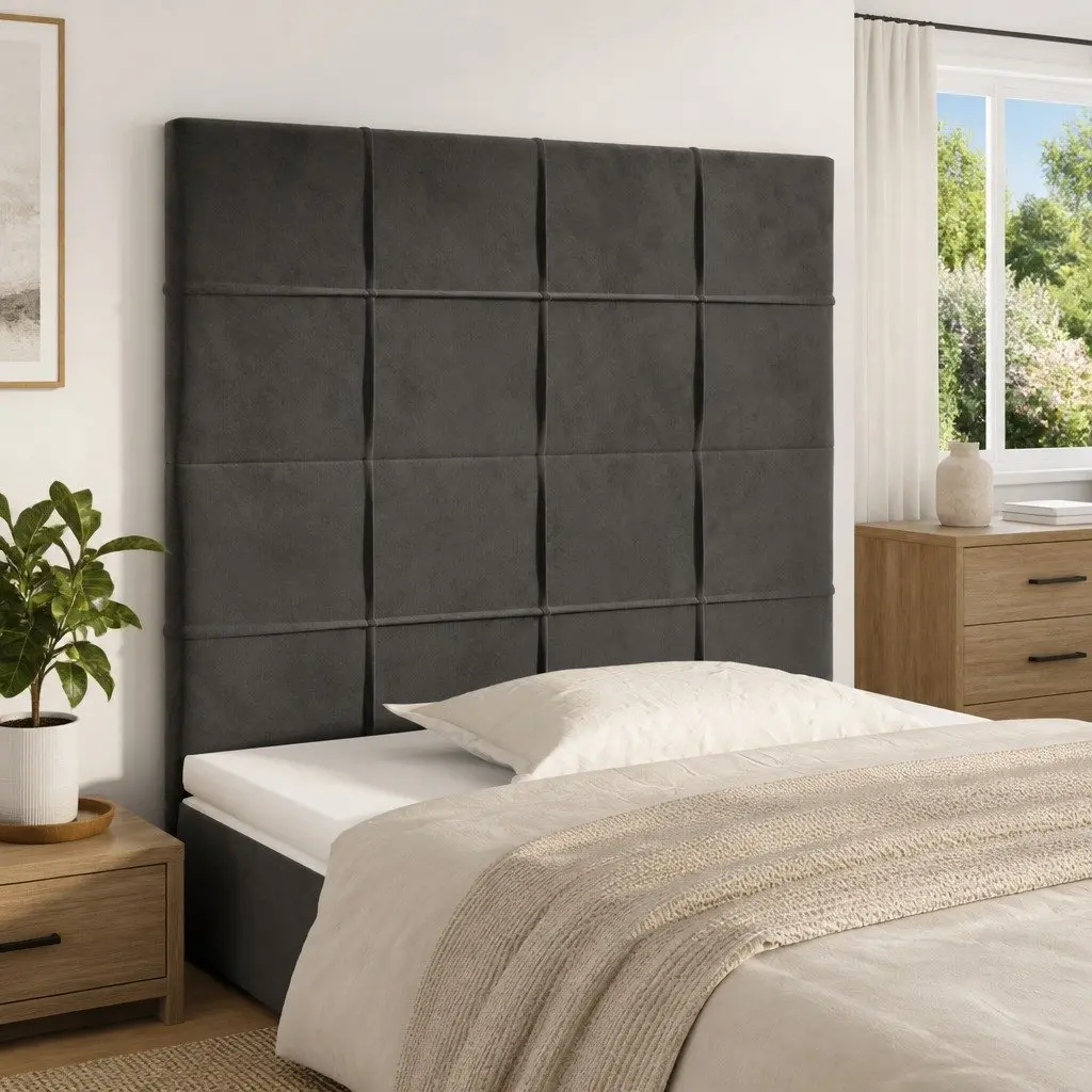 Velvet Headboard Dark Grey with Wooden Legs Adjustable Height for Bedroom