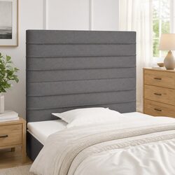 Dark Grey Fabric Headboard Bed Back Support Adjustable Height Wooden Legs