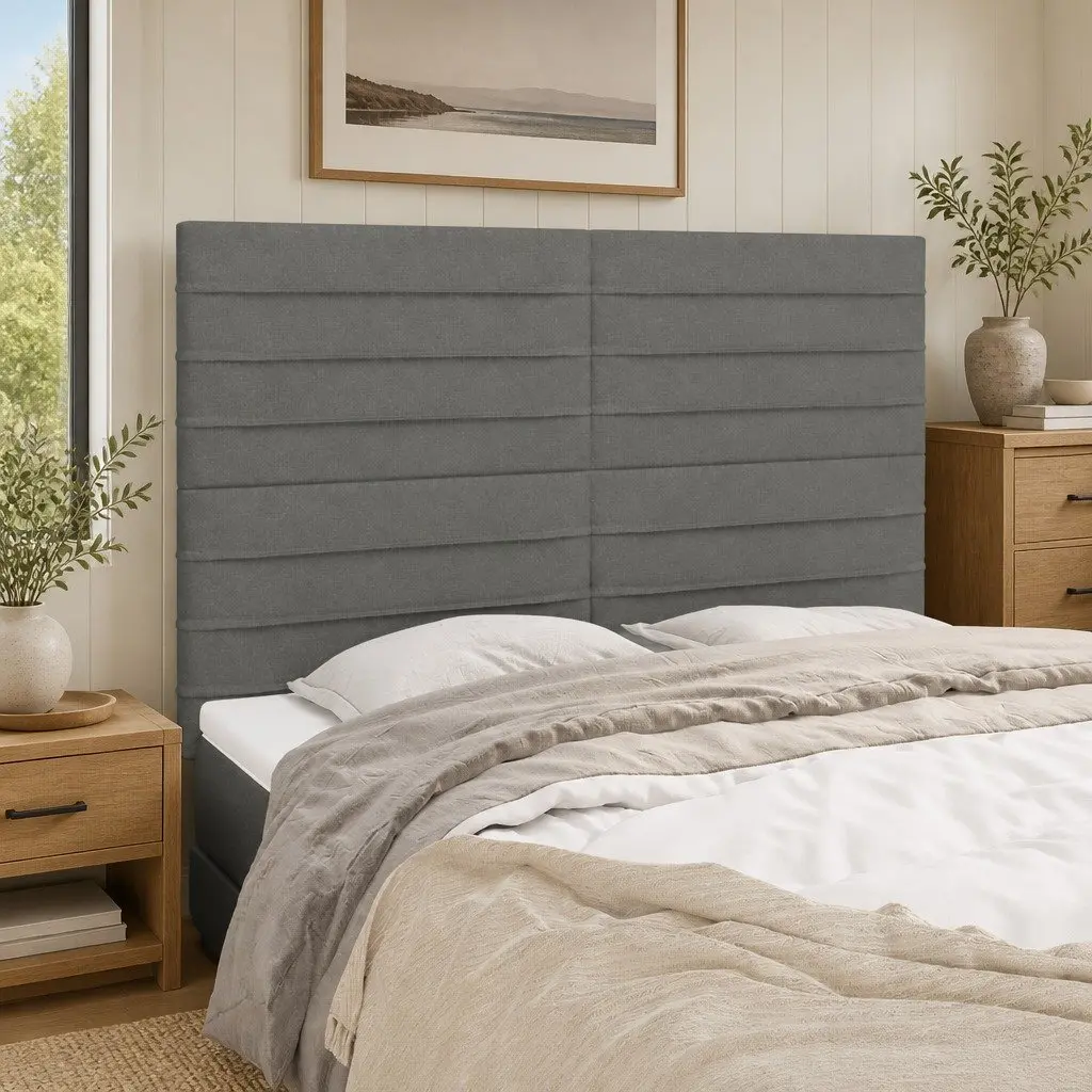 Headboard Dark Grey Fabric Bed Head with Wooden Legs Adjustable Height Support