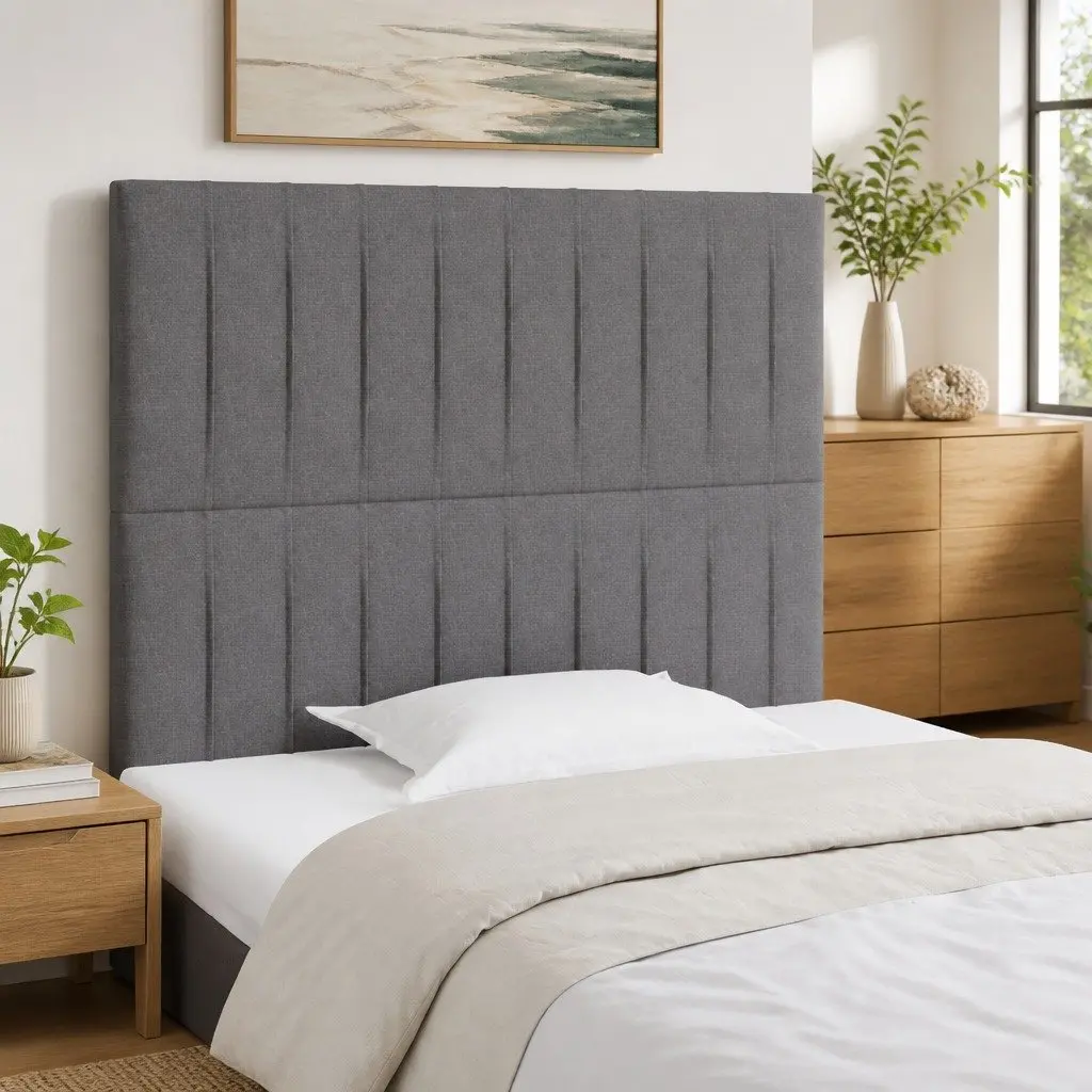 Grey Fabric Headboard Bedroom Bed Support Adjustable Height Wooden Legs