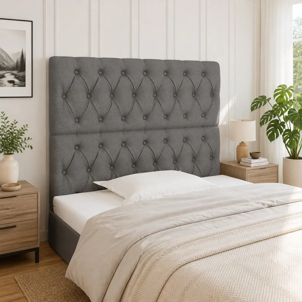 Adjustable Height Grey Fabric Headboard with Wooden Legs for Bed Back Support