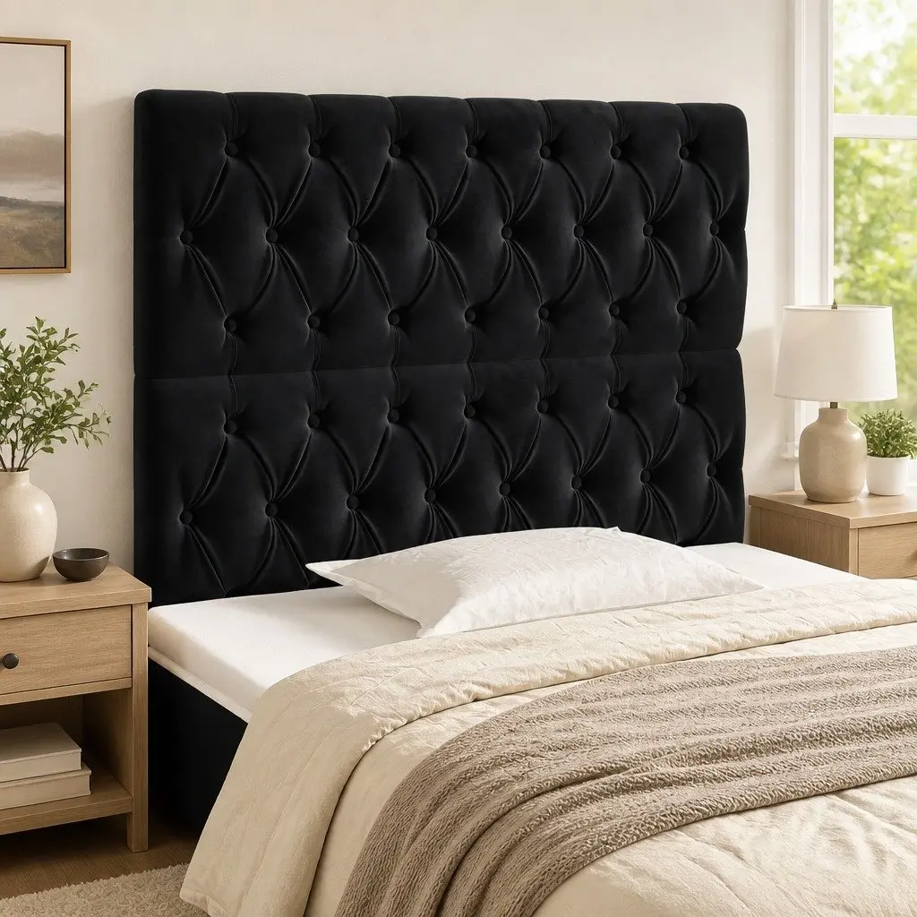 Velvet Headboard Black 100cm Adjustable Height with Wooden Legs