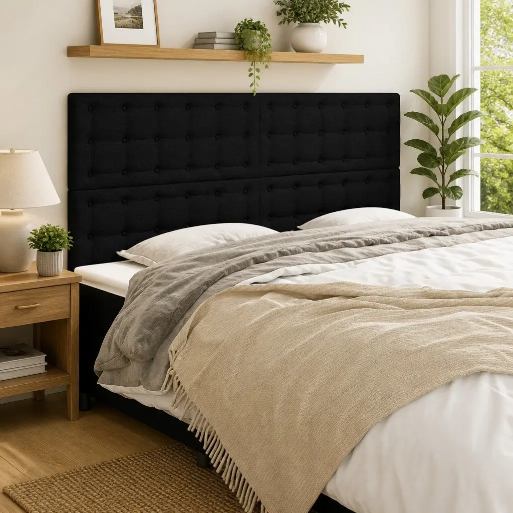 Black Fabric Headboard 200x5x118/128 cm Adjustable Height Bedroom Bed Support with Wooden Legs
