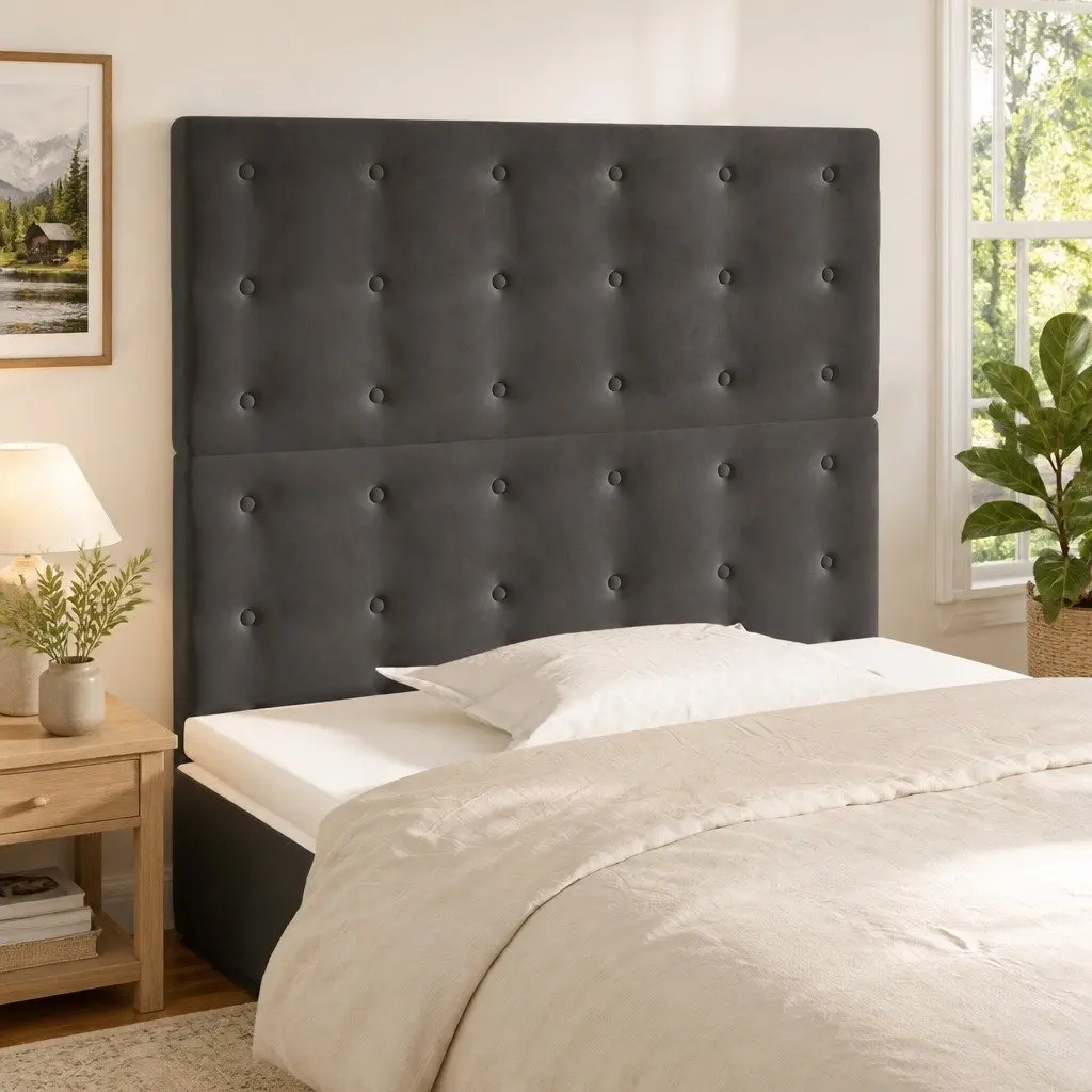 Adjustable Height Headboard Dark Grey Velvet Bed Support with Wooden Legs