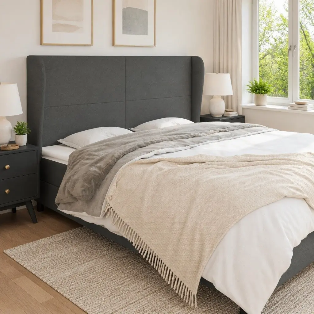 Headboard with Ears Dark Grey 203cm Fabric Bed Head Support Bedroom Furniture
