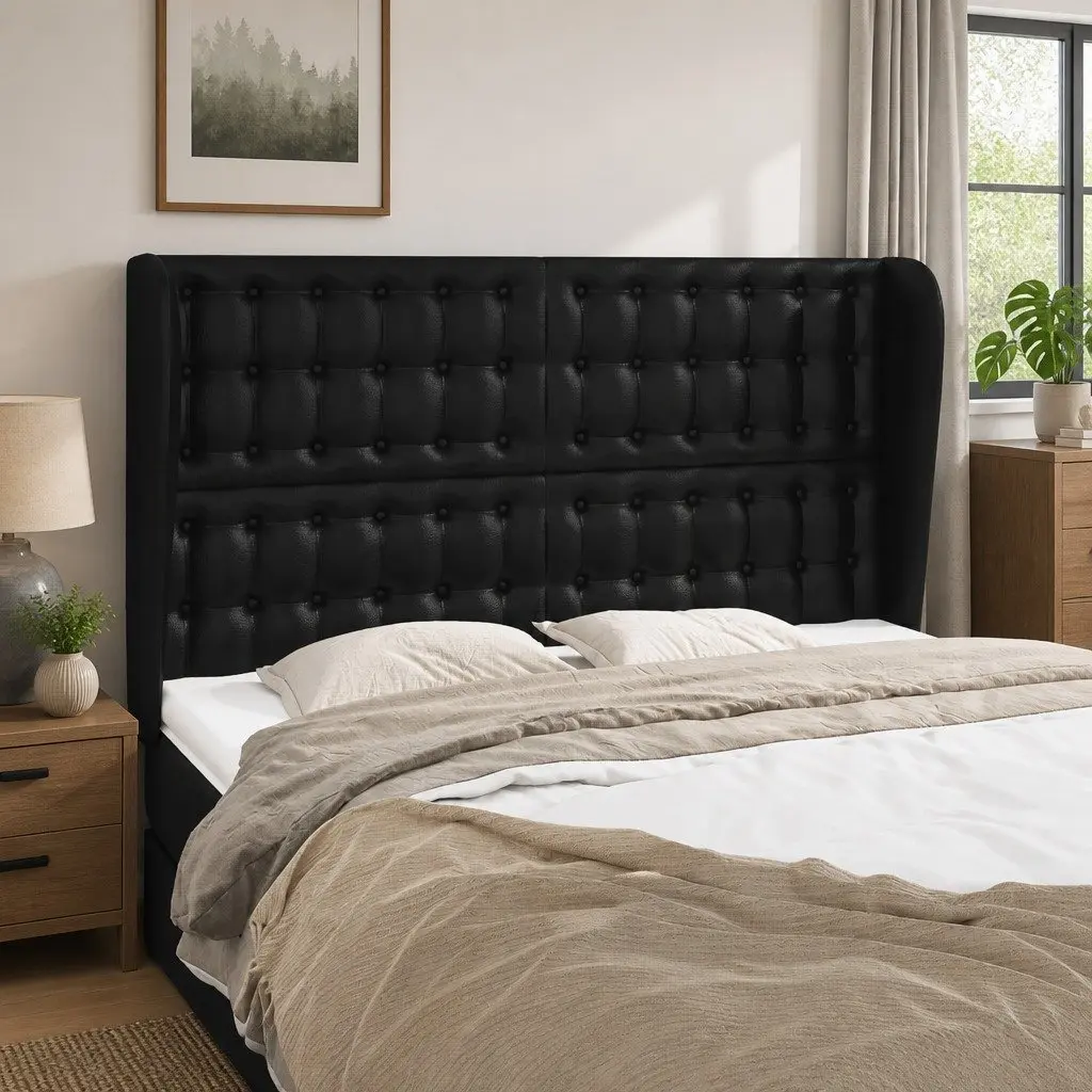 Headboard with Ears Black Faux Leather Bed Support Wooden Legs Adjustable Height