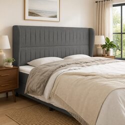 Headboard with Ears Grey Fabric 203cm Bedroom Furniture Bed Head Support
