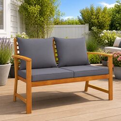 Garden Bench 120cm Outdoor Seating with Grey Cushion Acacia Wood Patio Furniture