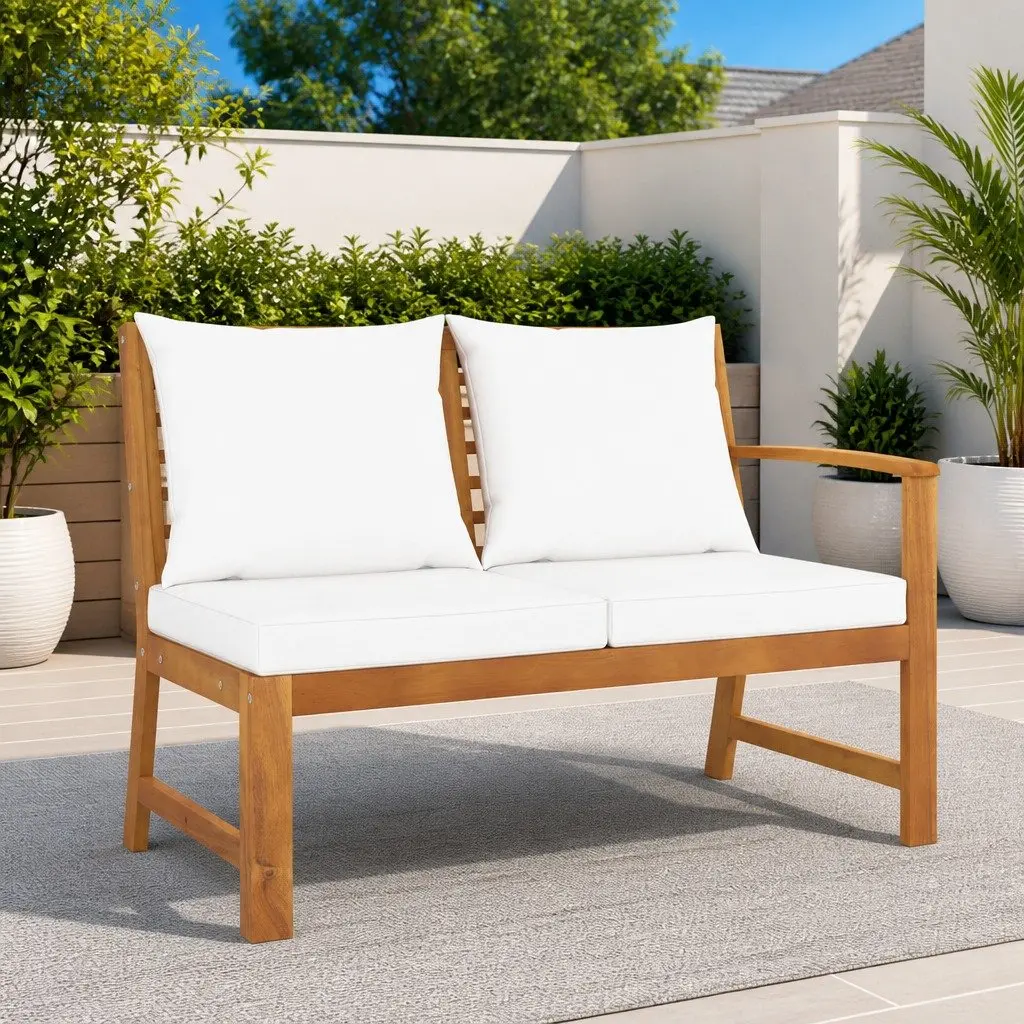 Garden Bench Brown 114.5cm Acacia Wood with Cream Cushion