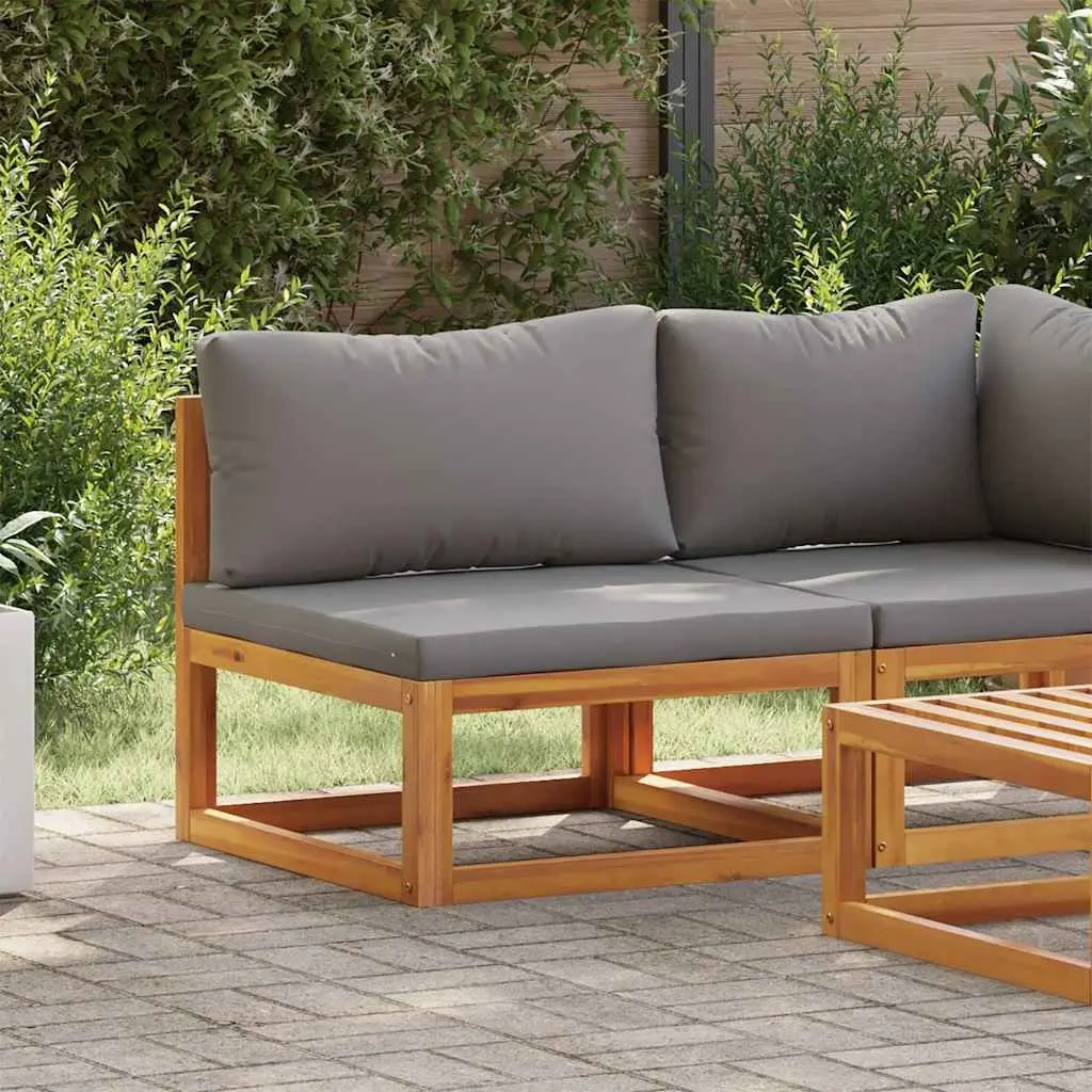 Outdoor Sectional Middle Sofa Module Grey Acacia Wood Padded Cushions