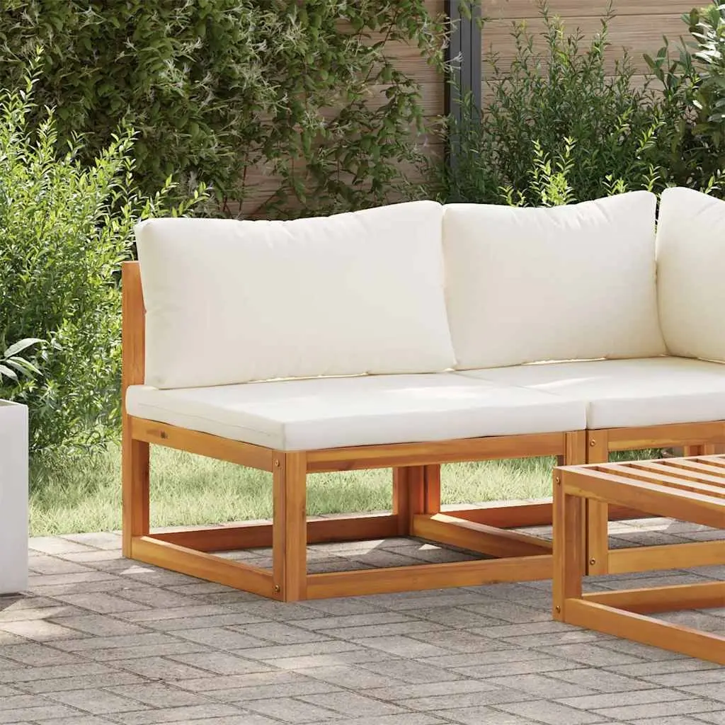 Sectional Middle Sofa Grey Solid Acacia Wood Frame Padded Cushions Outdoor Year-Round Use