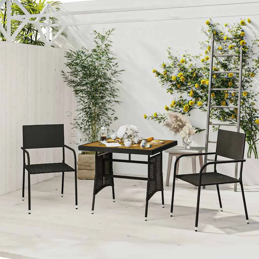 3 Piece Patio Dining Set Black Ergonomic Chairs Steel Frame Acacia Wood Table Waterproof PE Rattan