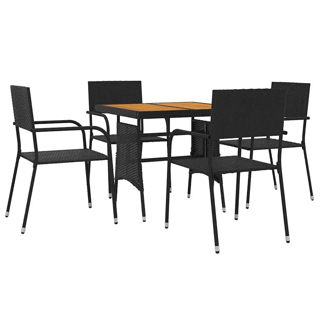 5 Piece Black Outdoor Dining Set with PE Rattan Steel Frame and Acacia Wood Table Ergonomic Chairs for Patio Garden