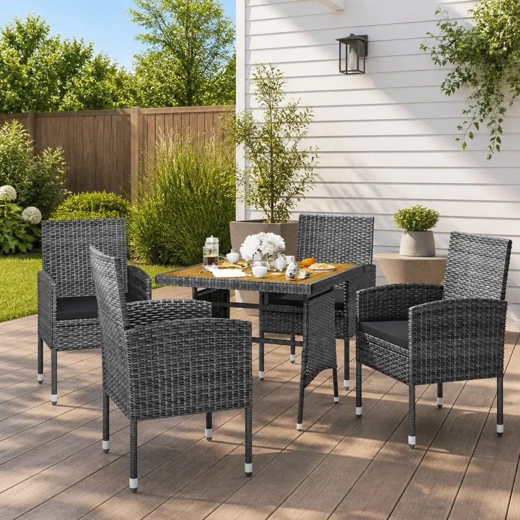 5 Piece Outdoor Dining Set Grey Waterproof PE Rattan Steel Frame Ergonomic Chairs Solid Acacia Wood Table