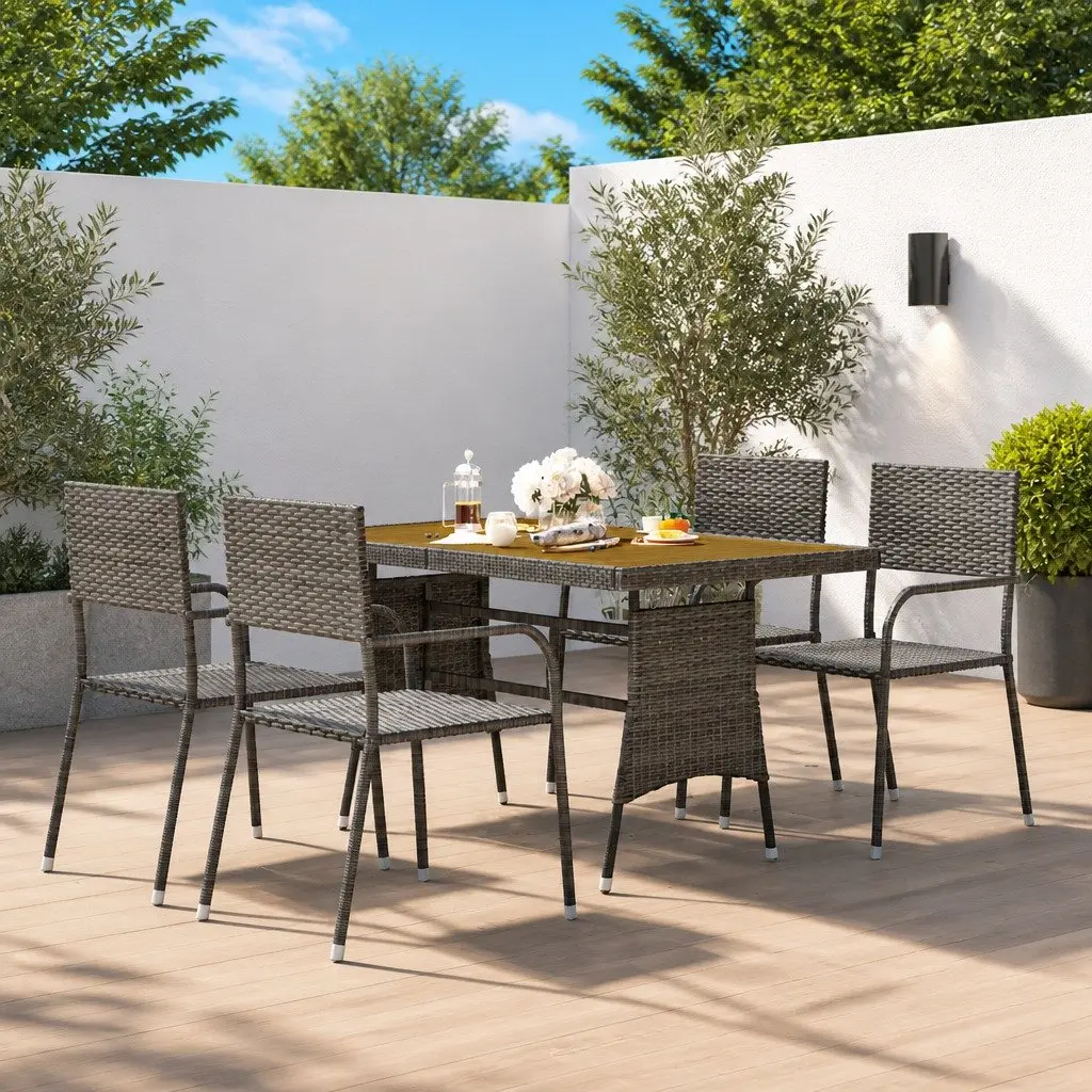 5 Piece Grey Poly Rattan Outdoor Dining Set with Steel Frame Ergonomic Chairs and Acacia Wood Table for Patio Garden