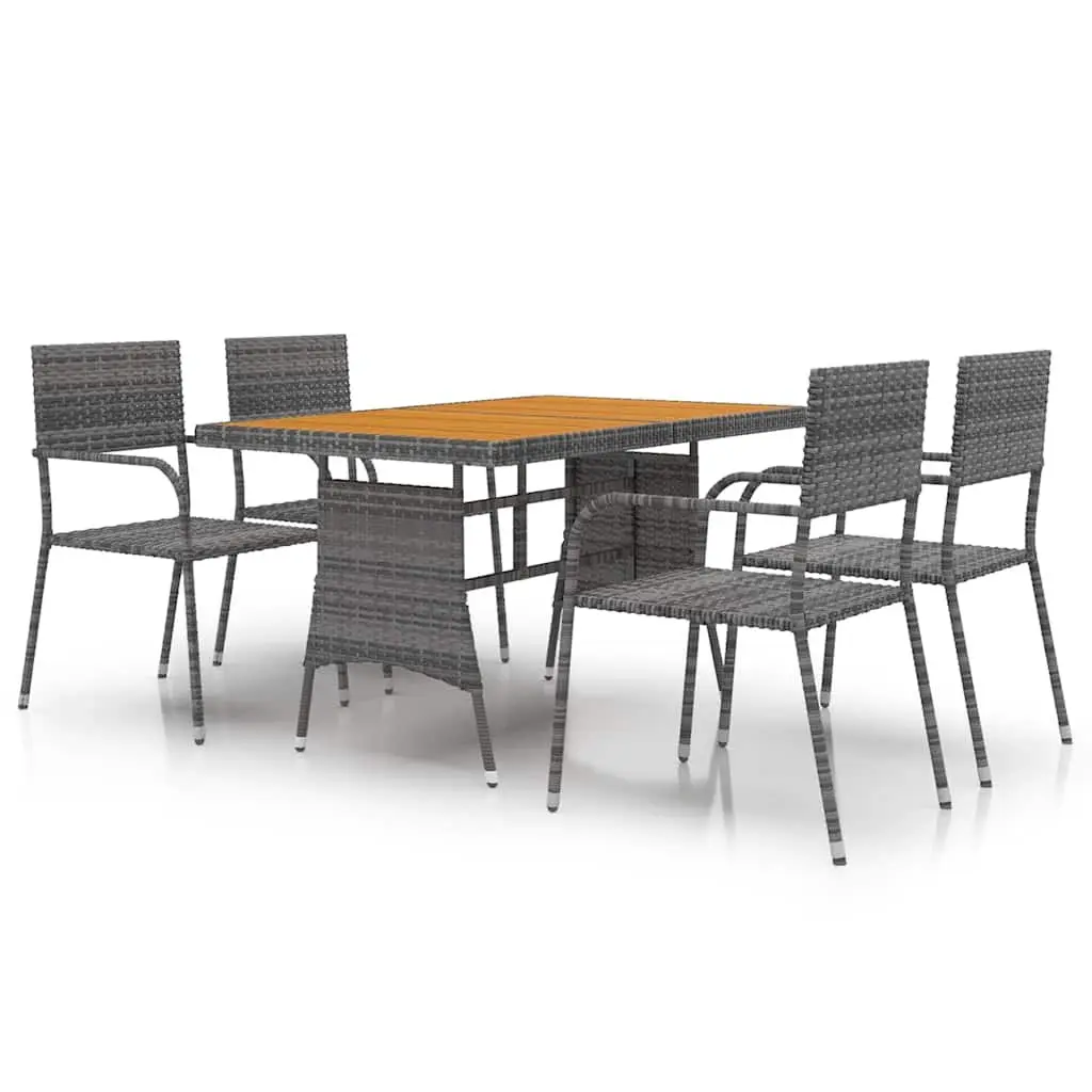 5 Piece Grey Poly Rattan Outdoor Dining Set with Steel Frame Ergonomic Chairs and Acacia Wood Table for Patio Garden