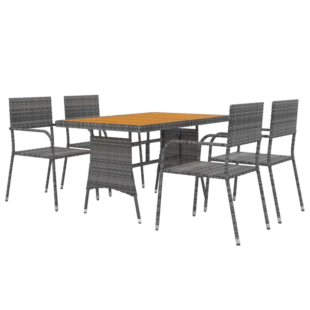 5 Piece Grey Poly Rattan Outdoor Dining Set with Steel Frame Ergonomic Chairs and Acacia Wood Table for Patio Garden