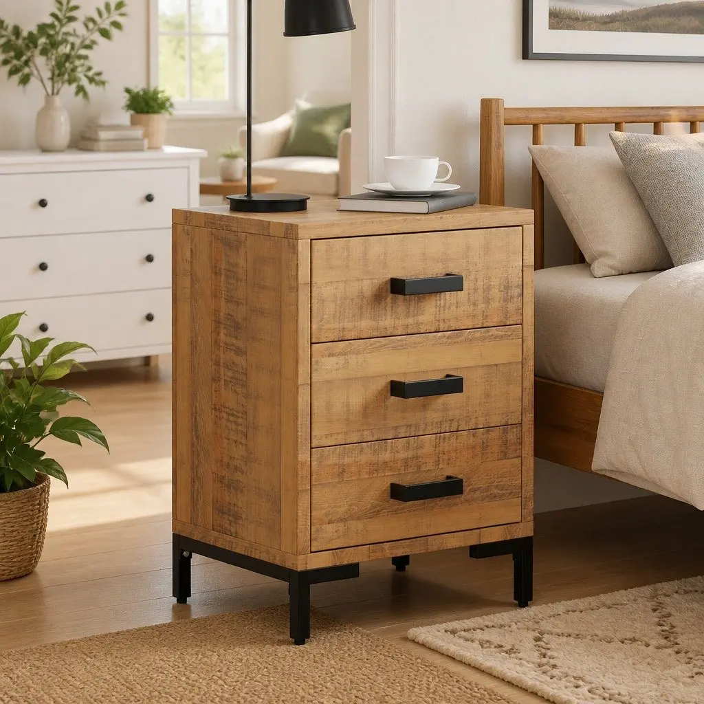 Bedside Cabinet Brown 40x30x55cm Solid Pine Wood 3 Drawers Storage