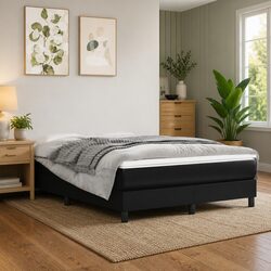 Box Spring Bed Frame Queen Black Faux Leather Bedroom Furniture with Plywood