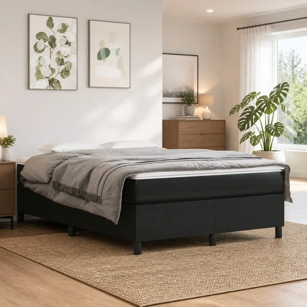 Box Spring Bed Frame Black Faux Leather Double Supportive Plywood Slats