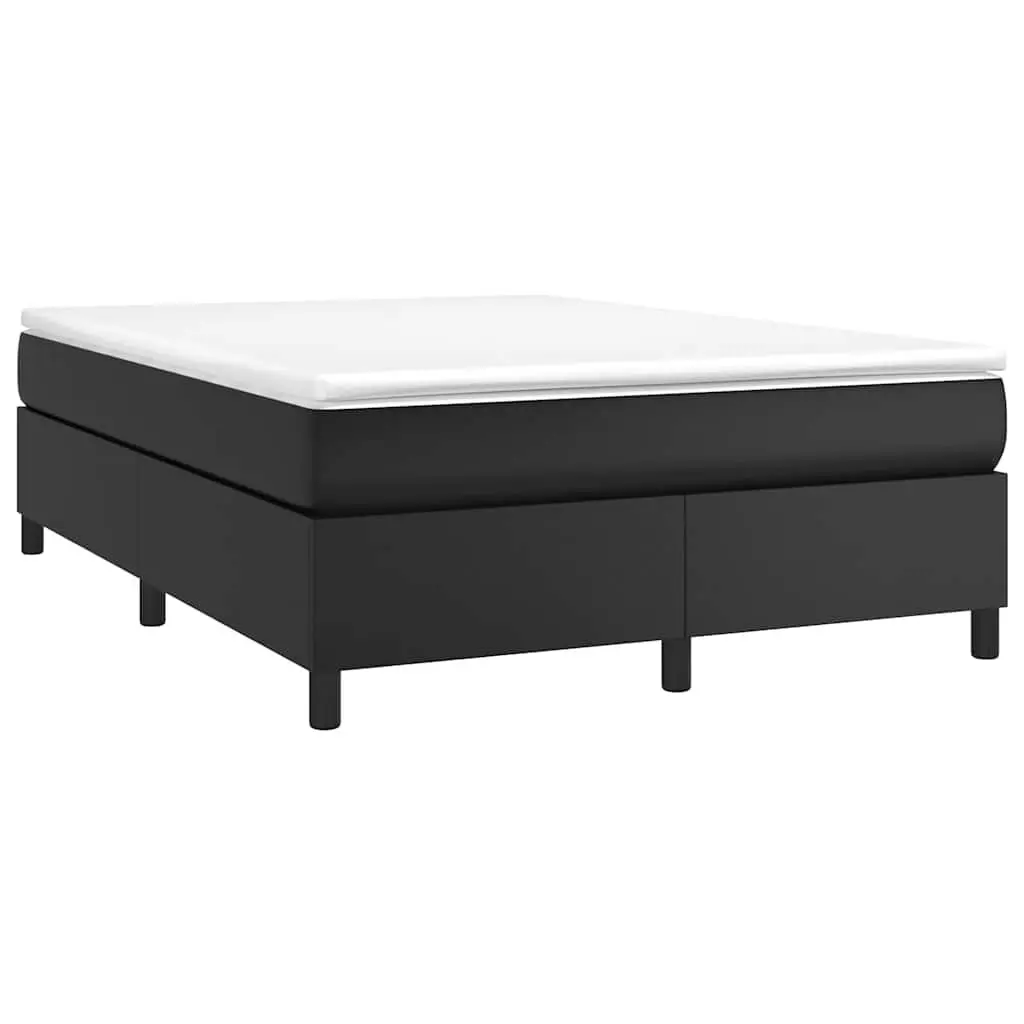 Box Spring Bed Frame Black Queen Faux Leather Sturdy Construction Plywood Slats
