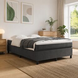 Bed Frame Queen Size Box Spring Base Dark Grey Velvet Upholstered Bedroom