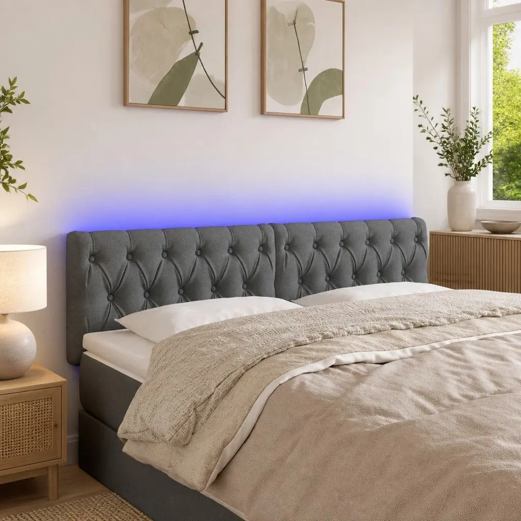 LED Headboard 144 cm Grey Fabric Adjustable Height Modern Bedroom Bed Frame