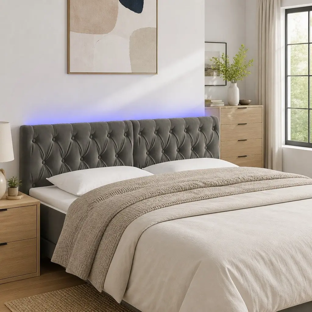LED Headboard Adjustable Height Grey Velvet Backrest Modern Bed Support with Colorful Lighting