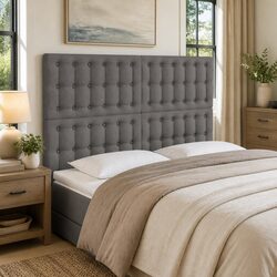 LED Headboard 144cm Dark Grey Fabric Adjustable Height Bedroom Bed