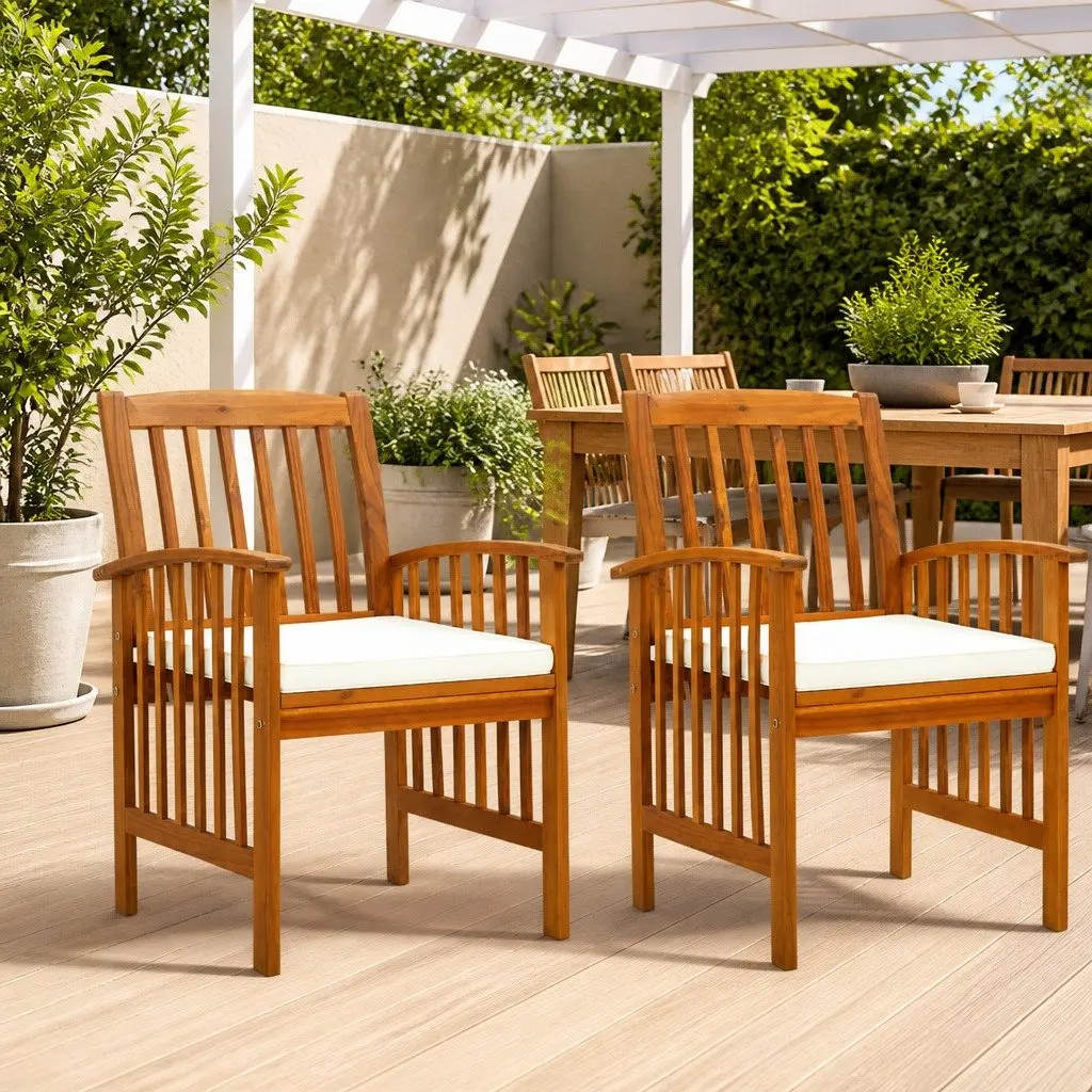 Outdoor Garden Dining Chairs White Set 2 pcs Cushions Wooden Seat Weather Resistant