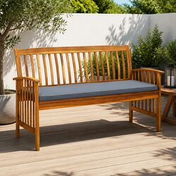 Outdoor Garden Bench 147cm Solid Wood Patio Seating with Grey Cushion Armrest