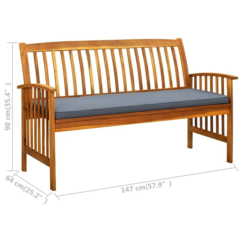 Garden Bench Grey 147cm Solid Wood Armrest with Padded Cushion