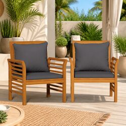 Set of 2 Grey Cushioned Acacia Wood Outdoor Chairs