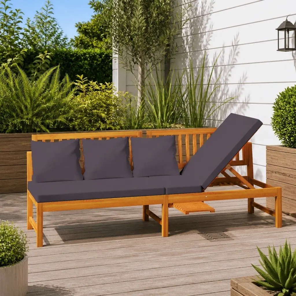 Outdoor Day Bed Brown Solid Acacia Wood Sofa Lounger with Grey Cushion
