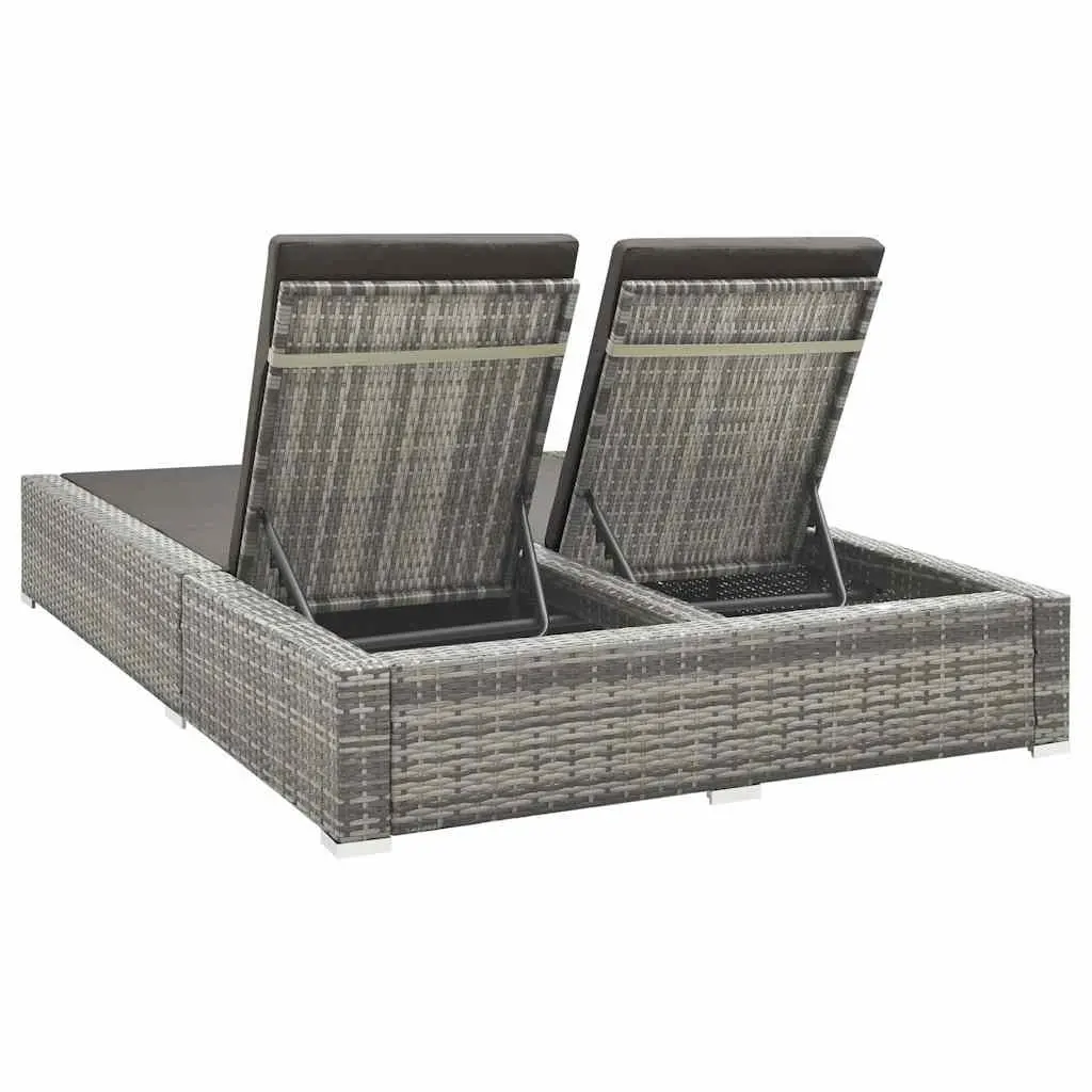 Double Sun Lounger Grey Adjustable Backrest PE Rattan Outdoor Bed