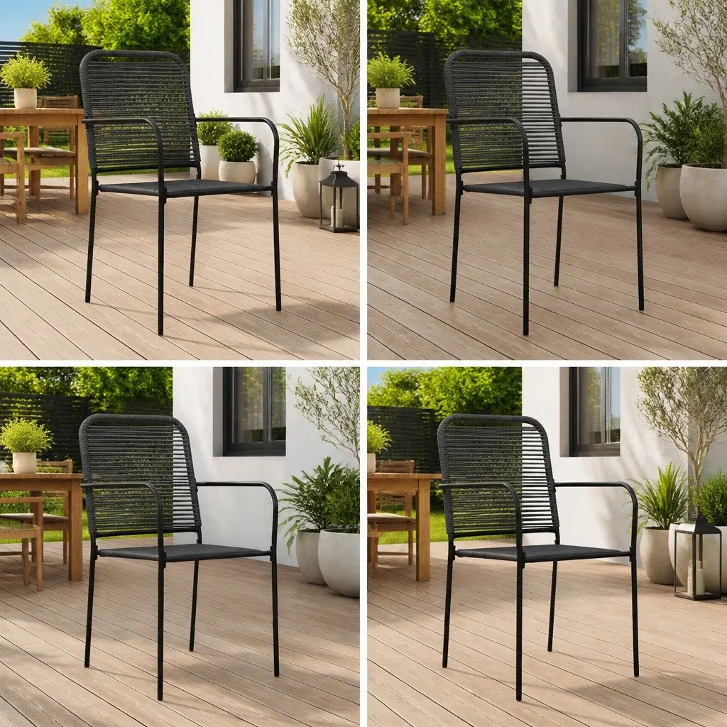 Outdoor Garden Chairs Set 4 pcs Black Cotton Rope Steel Frame Seating