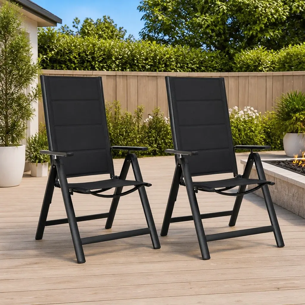 Folding Garden Chairs Black 2 Piece Adjustable Backrest Textilene Seat
