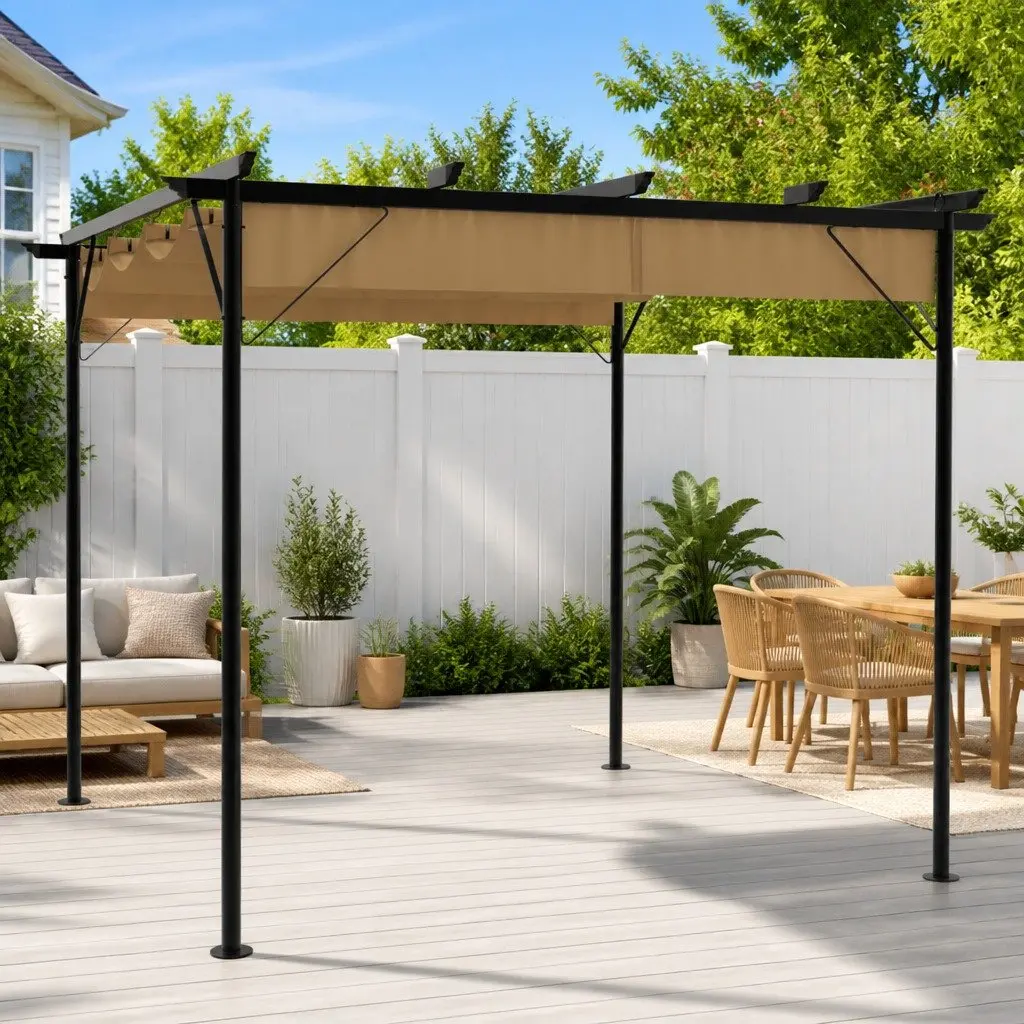 Garden Pergola Taupe 3x3m Retractable Roof Outdoor Shade Structure Steel Frame