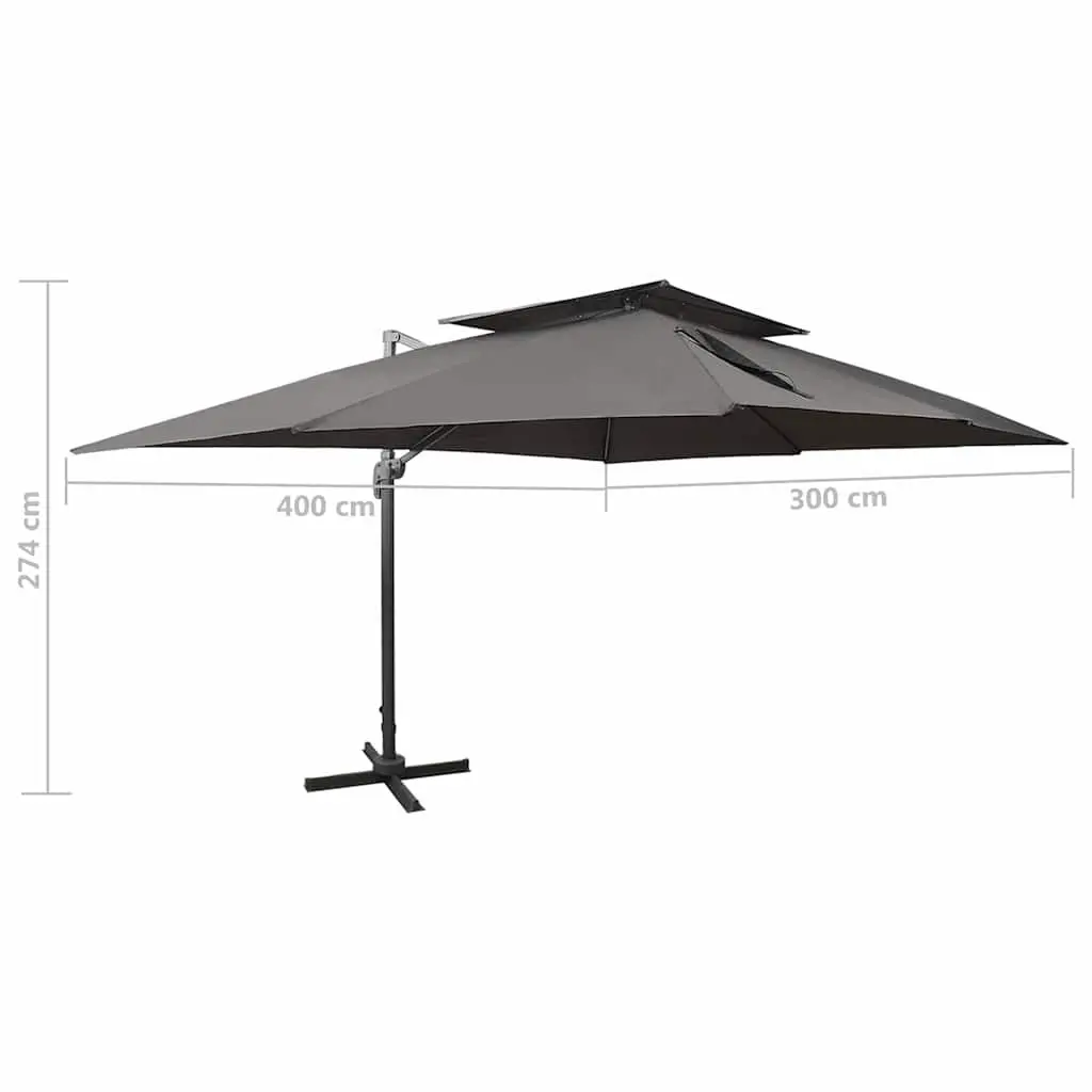 Cantilever Garden Parasol Anthracite 400 x 300 cm UV Protective Polyester Cover 360-Degree Tilt and Rotate Crank Mechanism Double Top Canopy